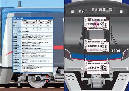 京成「3200形運行開始記念乗車券」中面